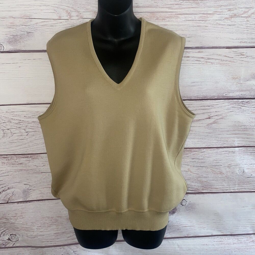 St Croix Sweater Vest Mens Large Tan Zephyr Wool V Neck USA Golf Classic B10